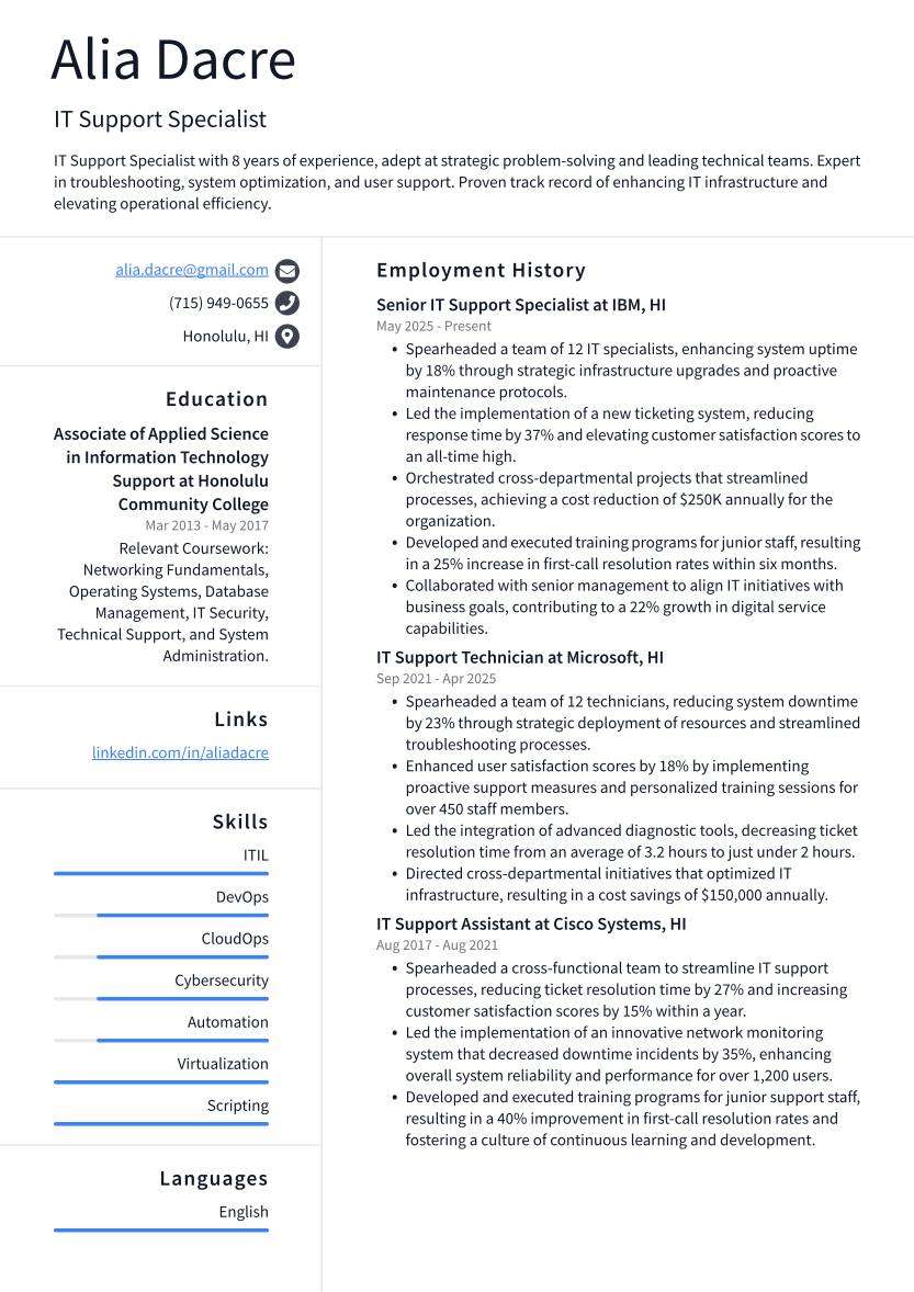 IT Support Specialist Resume Example