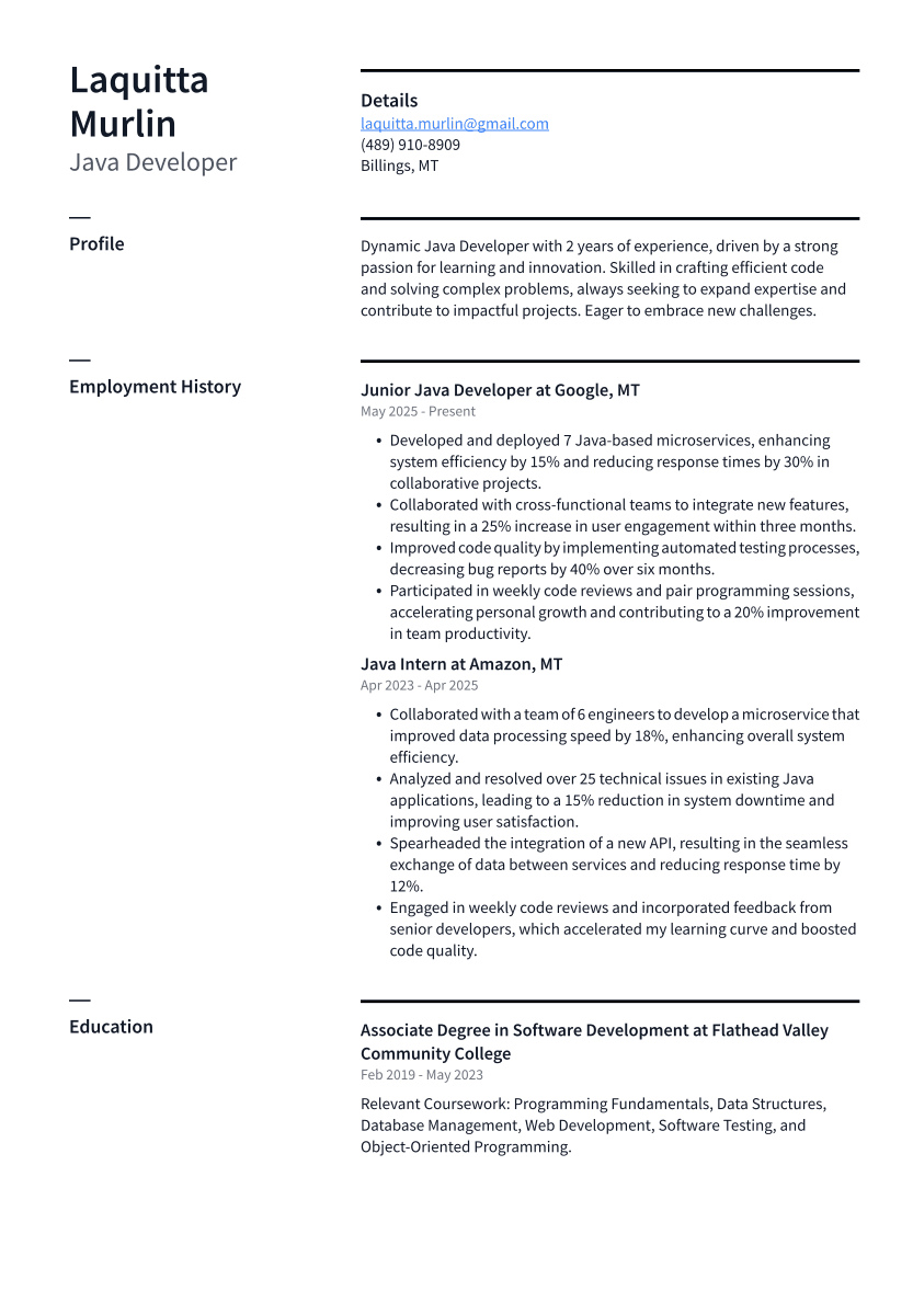 Java Developer Resume Example