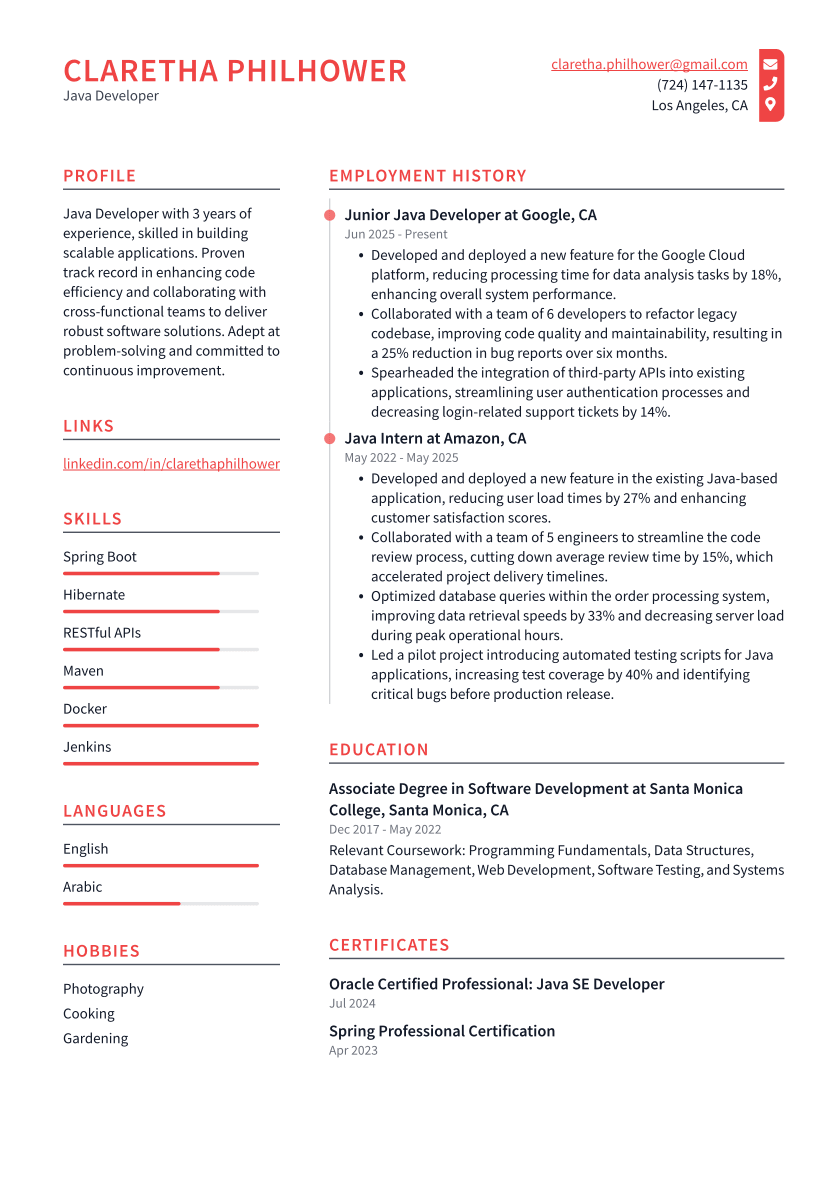 Java Developer Resume Example