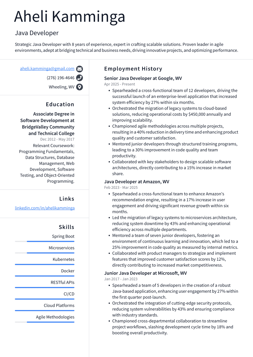 Java Developer Resume Example