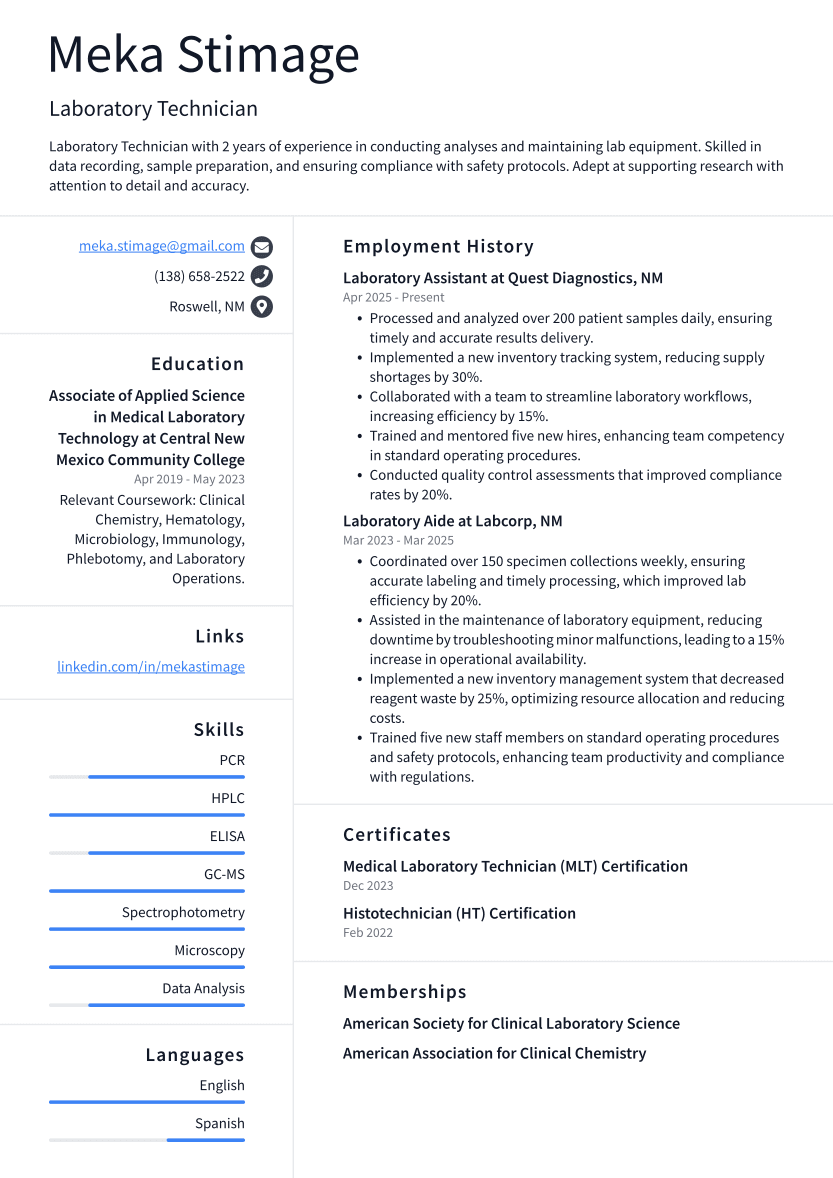 Laboratory Technician Resume Example