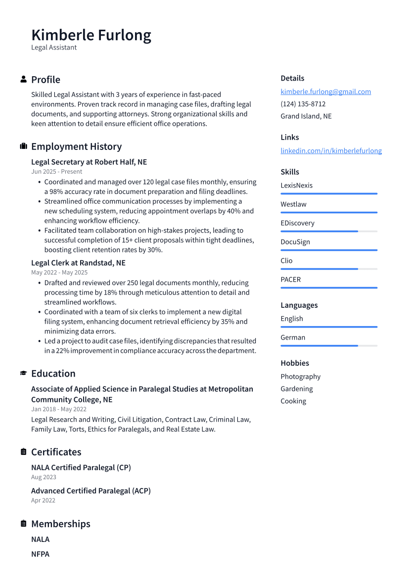 Legal Assistant Resume Example