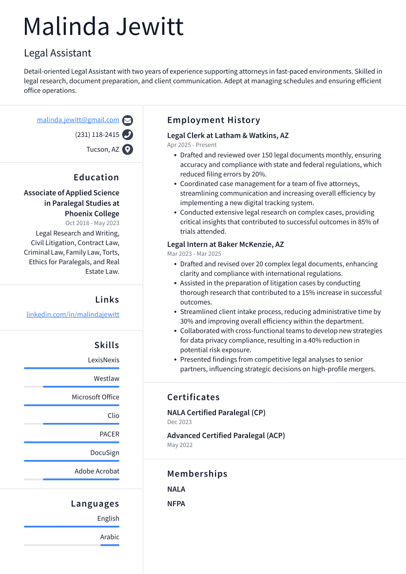 Legal Assistant Resume Example