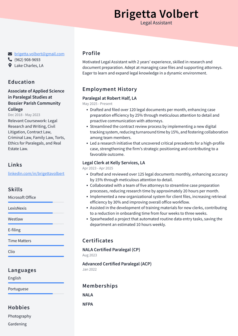 Legal Assistant Resume Example