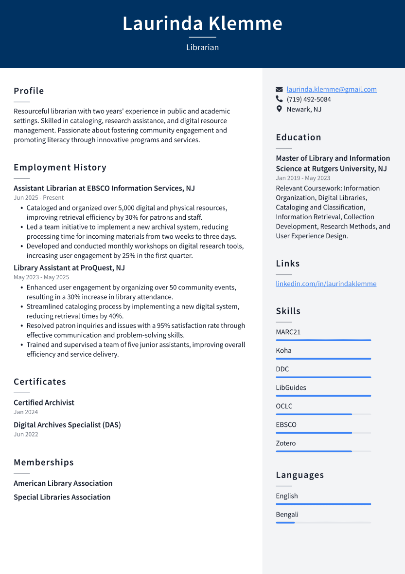 Librarian Resume Example