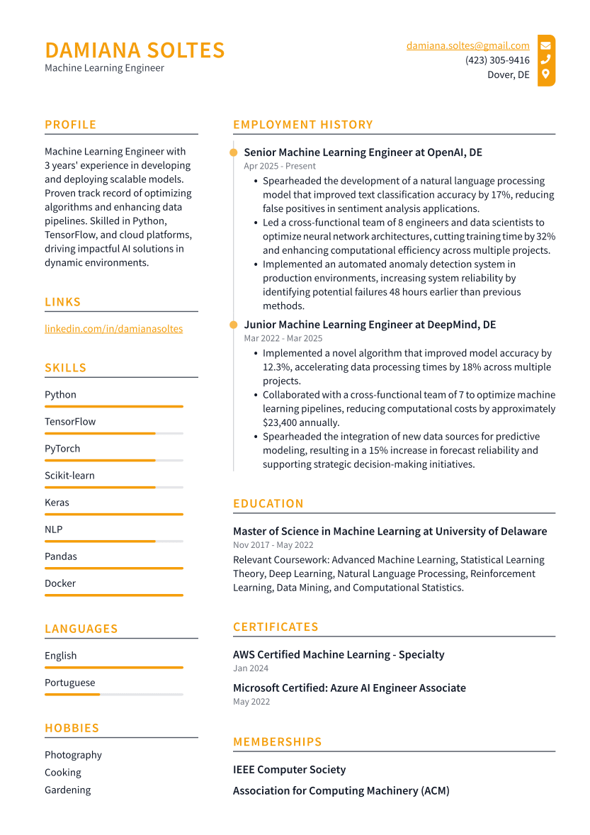 Machine Learning Engineer Resume Example