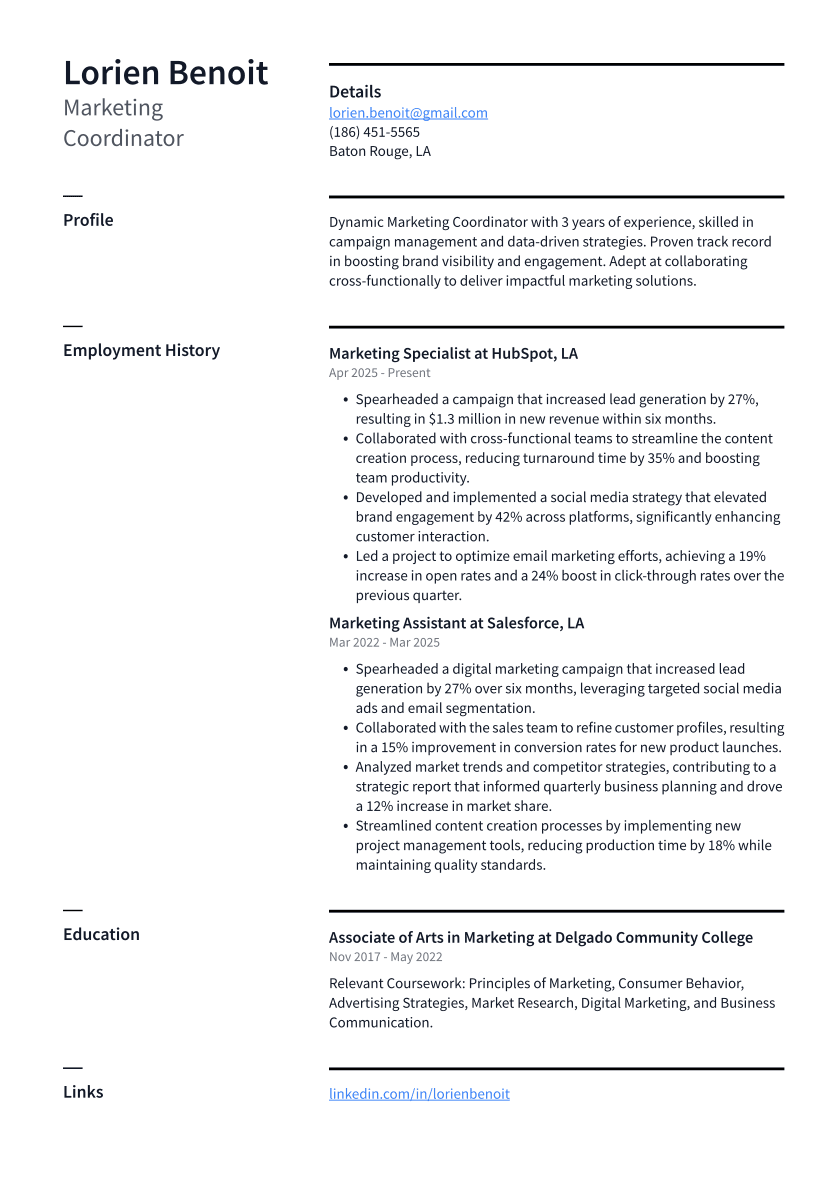 Marketing Coordinator Resume Example