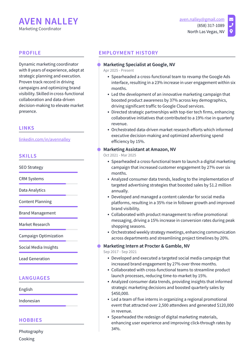 Marketing Coordinator Resume Example