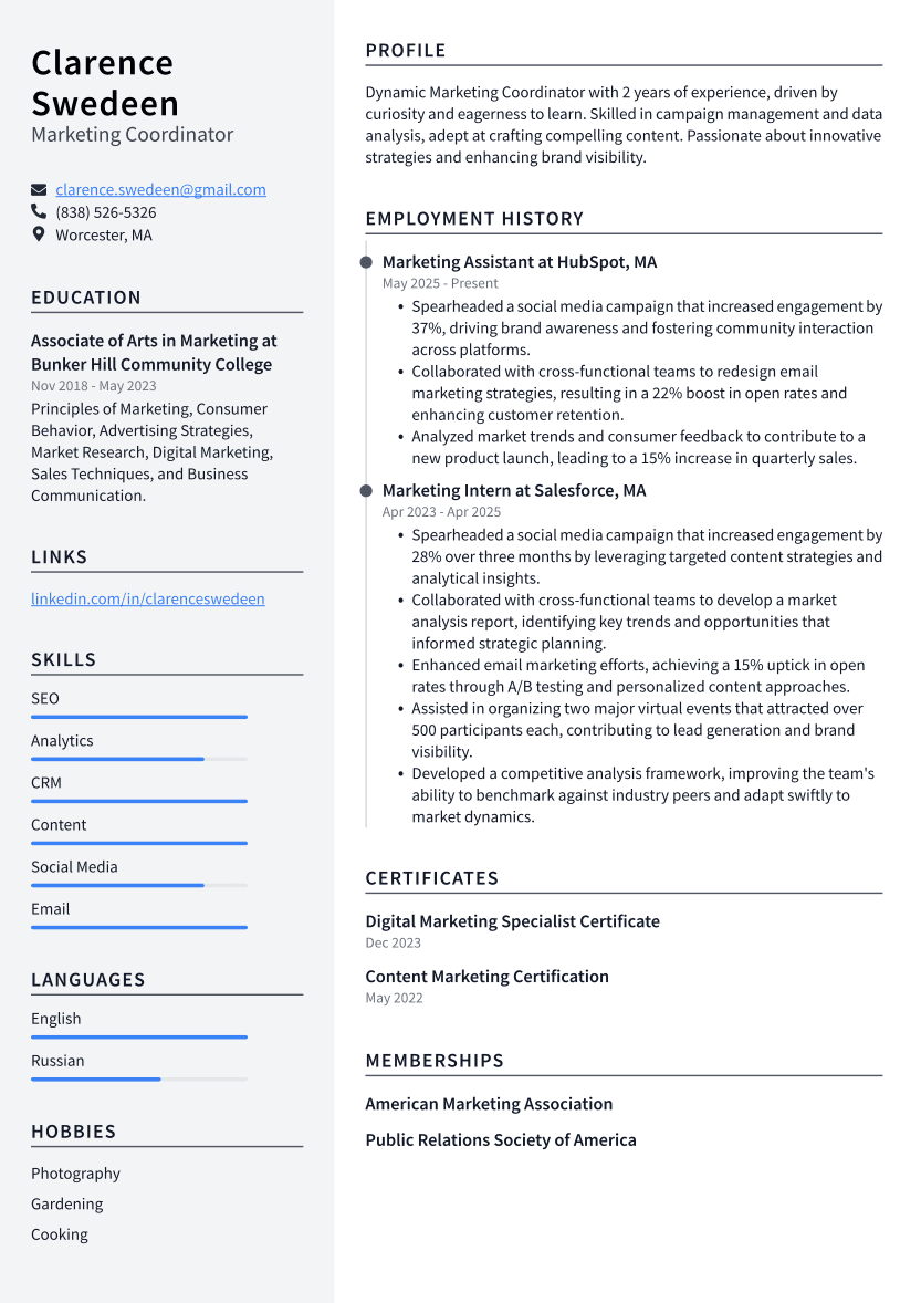 Marketing Coordinator Resume Example