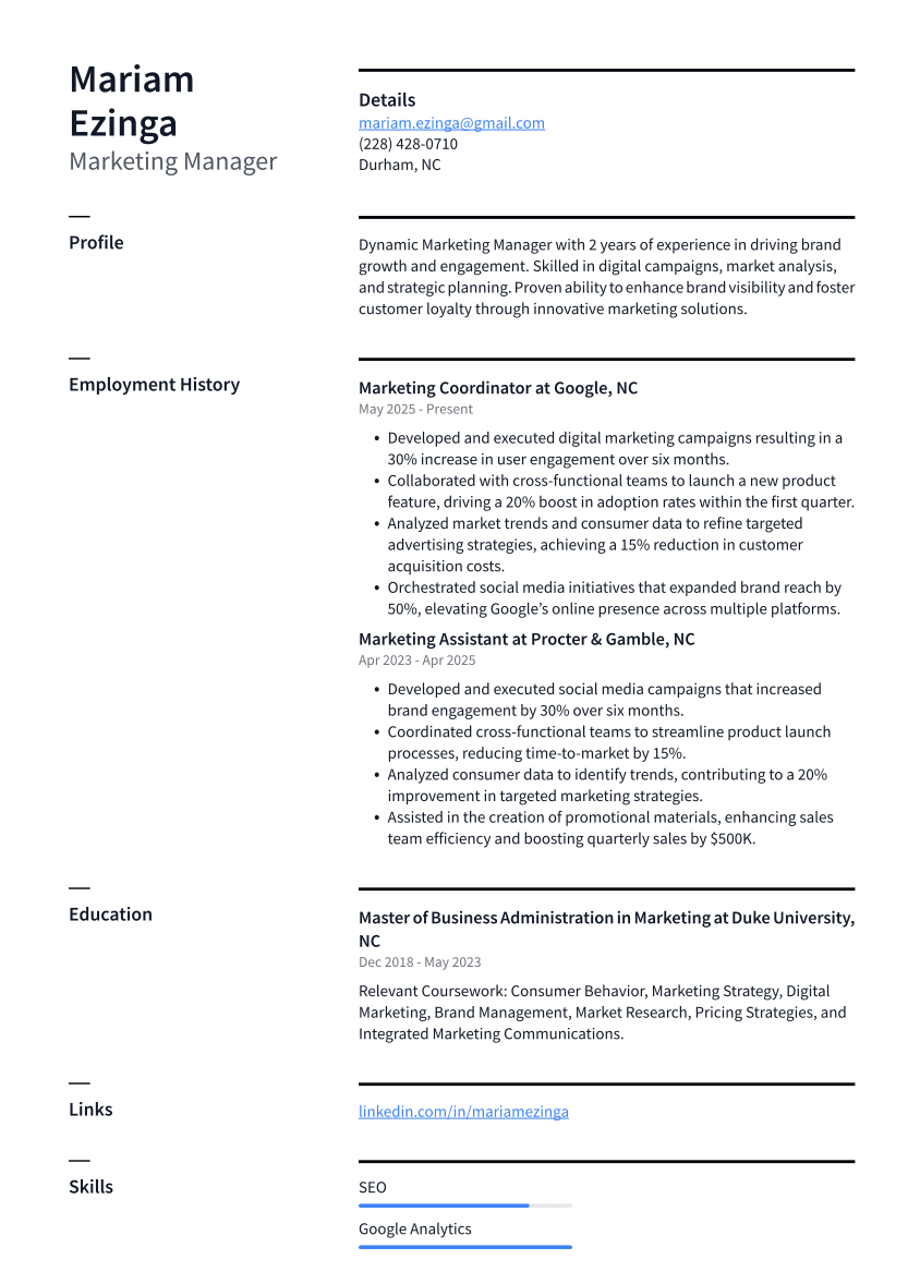 Marketing Manager Resume Example