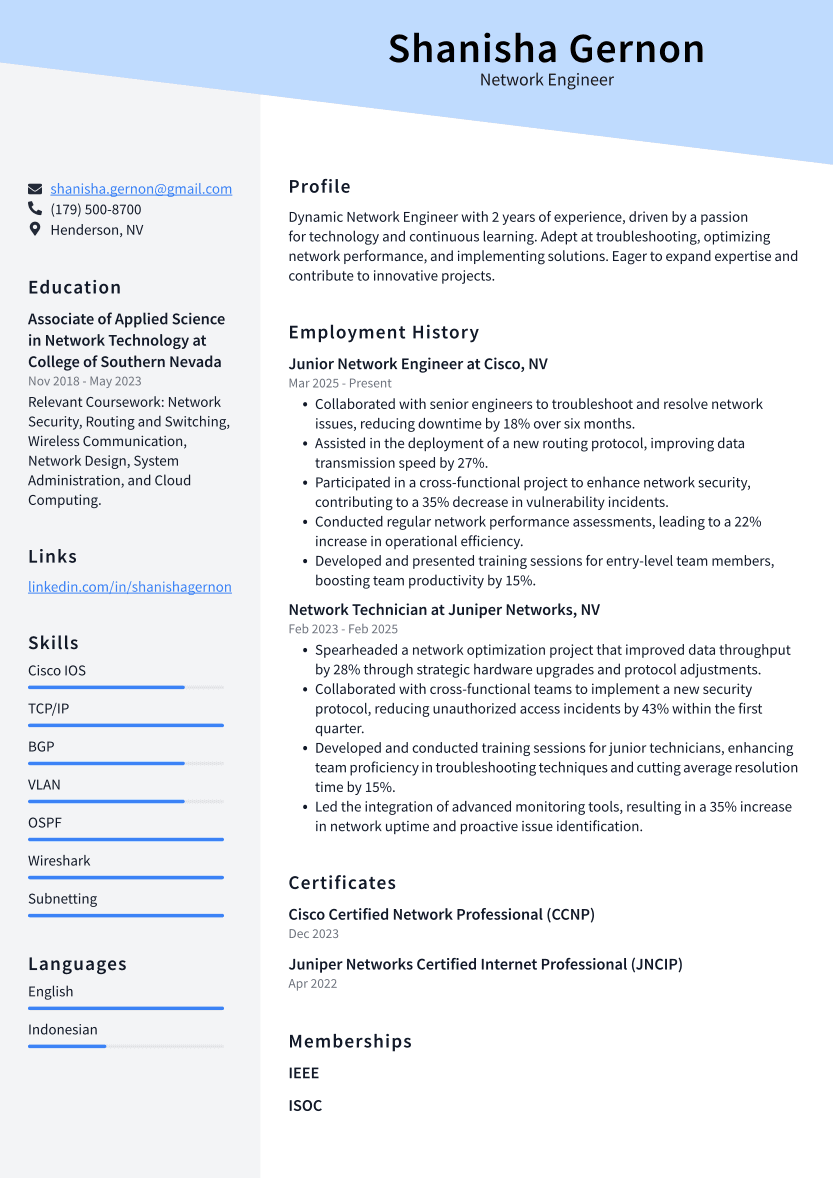 Network Engineer Resume Example