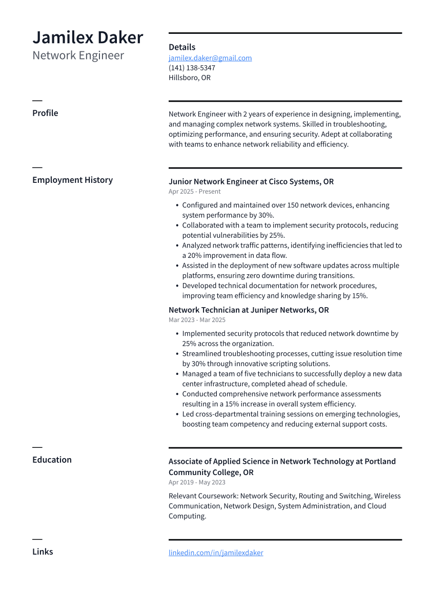Network Engineer Resume Example