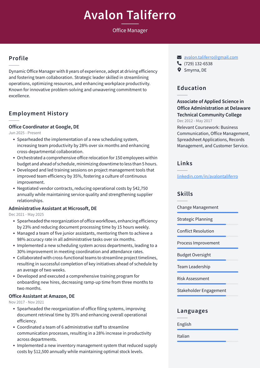 Office Manager Resume Example