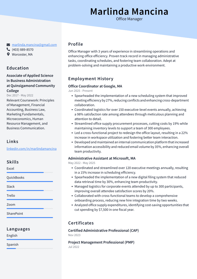 Office Manager Resume Example