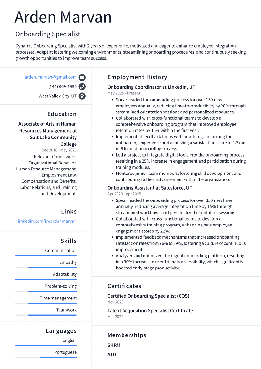 Onboarding Specialist Resume Example