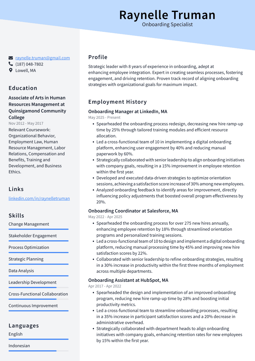 Onboarding Specialist Resume Example