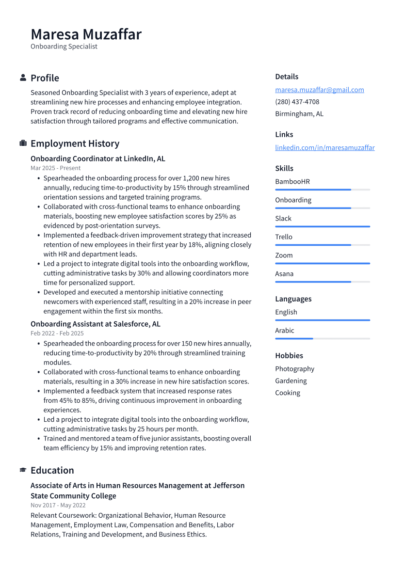 Onboarding Specialist Resume Example