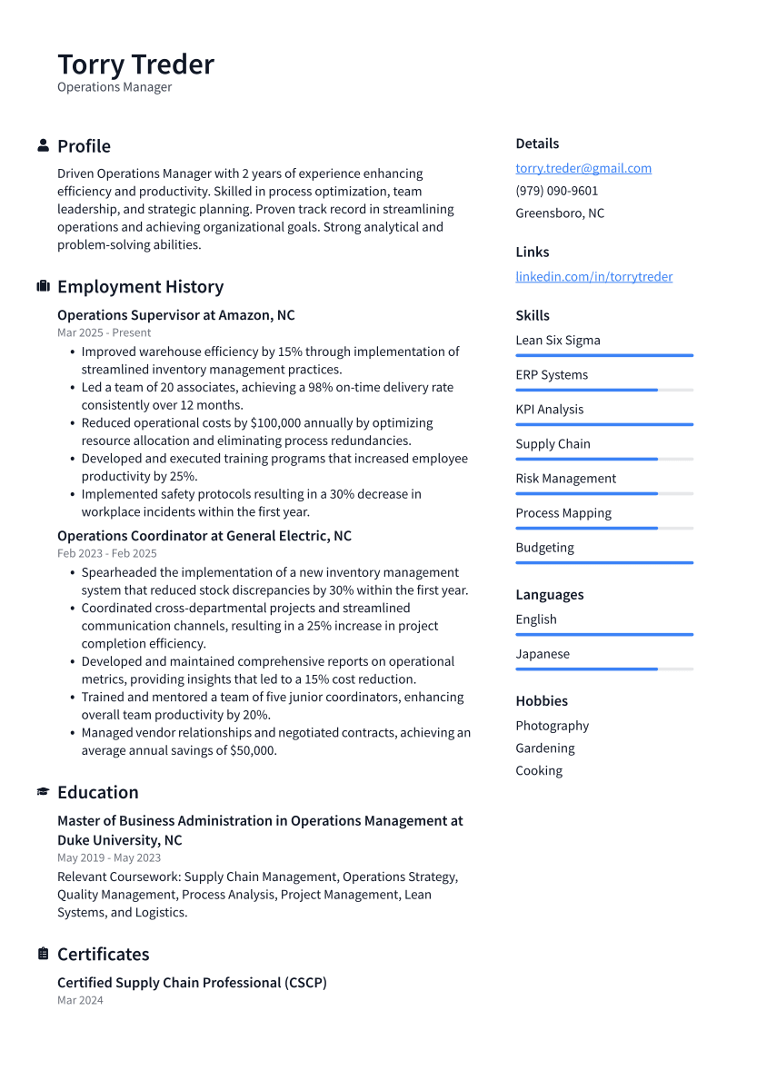 Operations Manager Resume Example