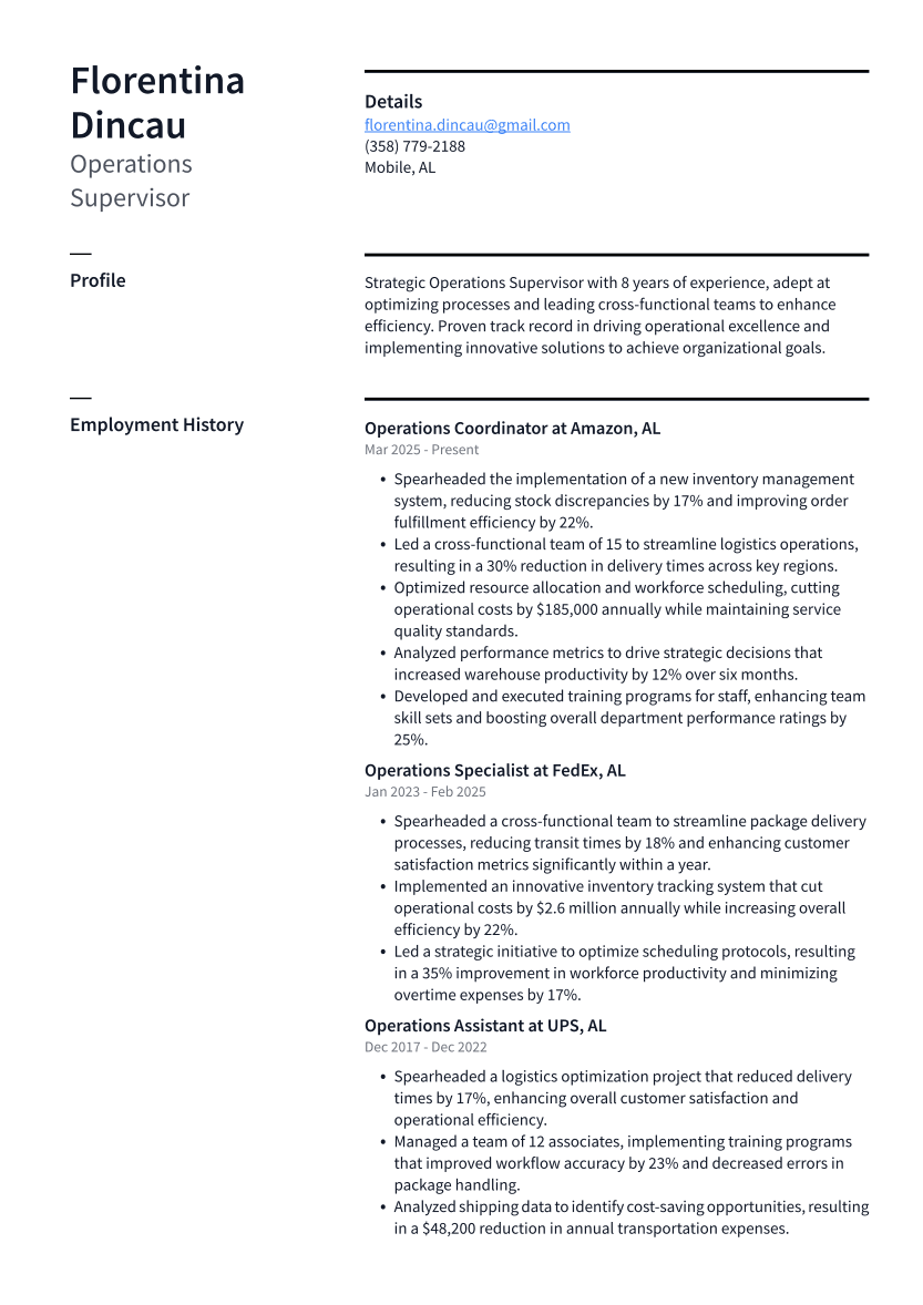 Operations Supervisor Resume Example