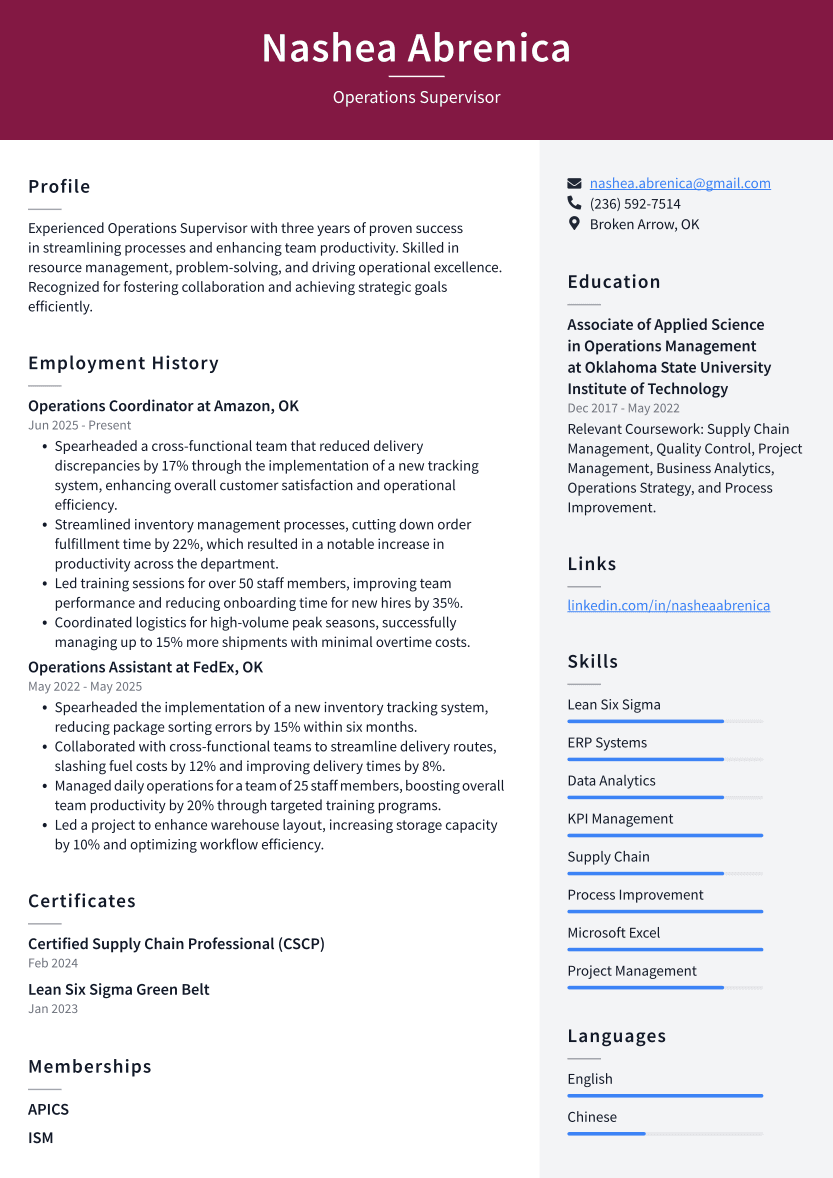 Operations Supervisor Resume Example