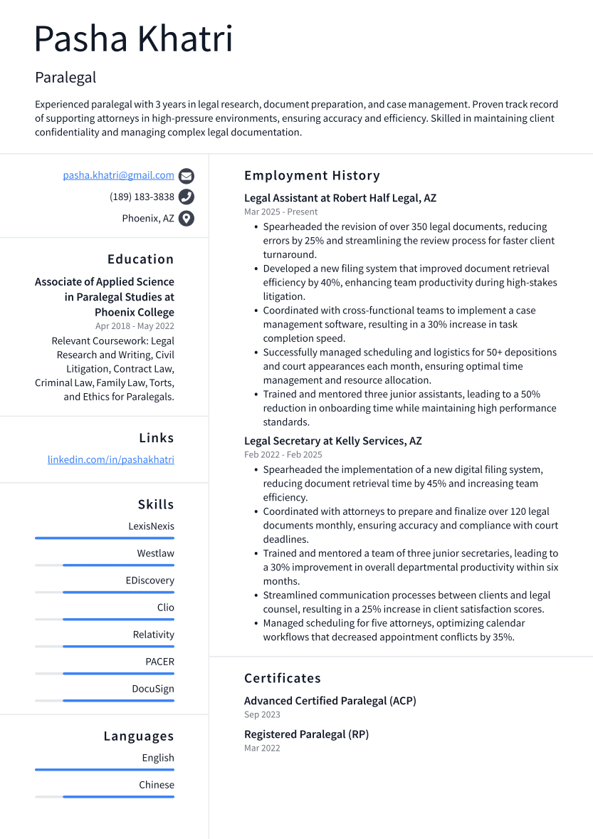Paralegal Resume Example