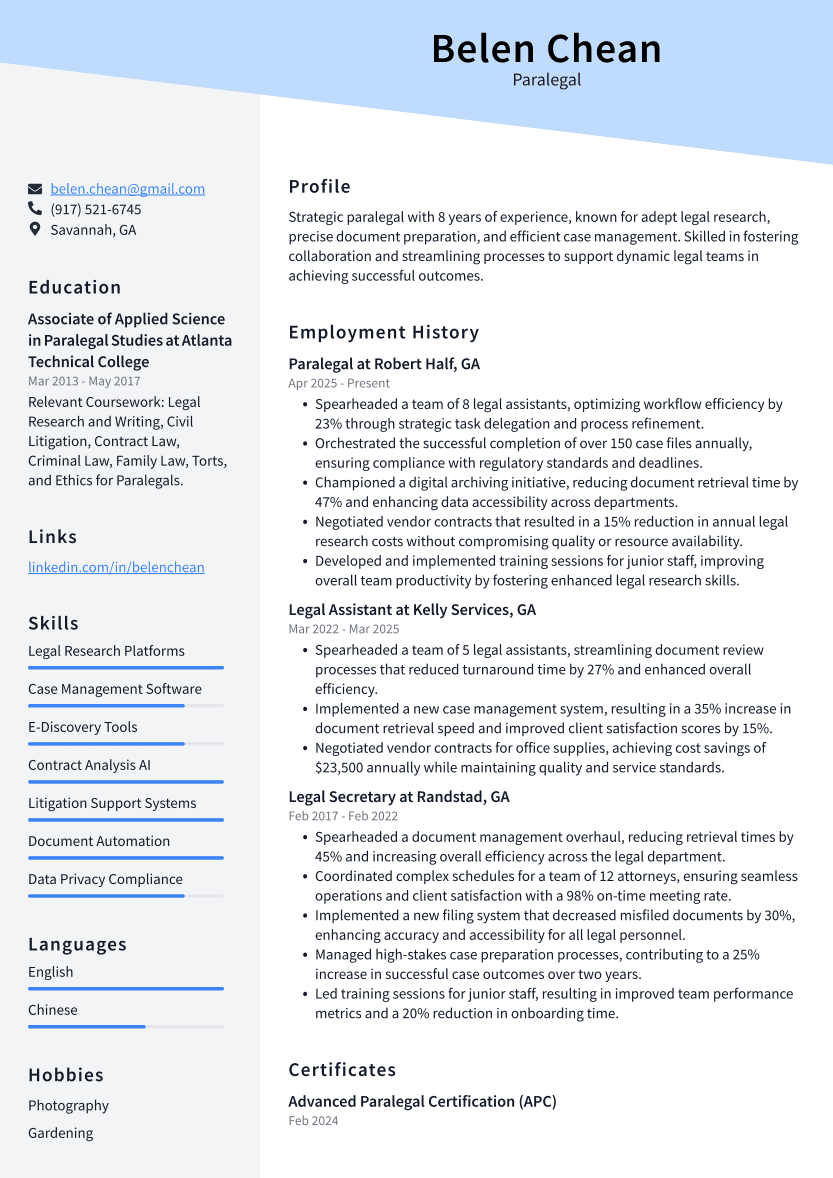 Paralegal Resume Example
