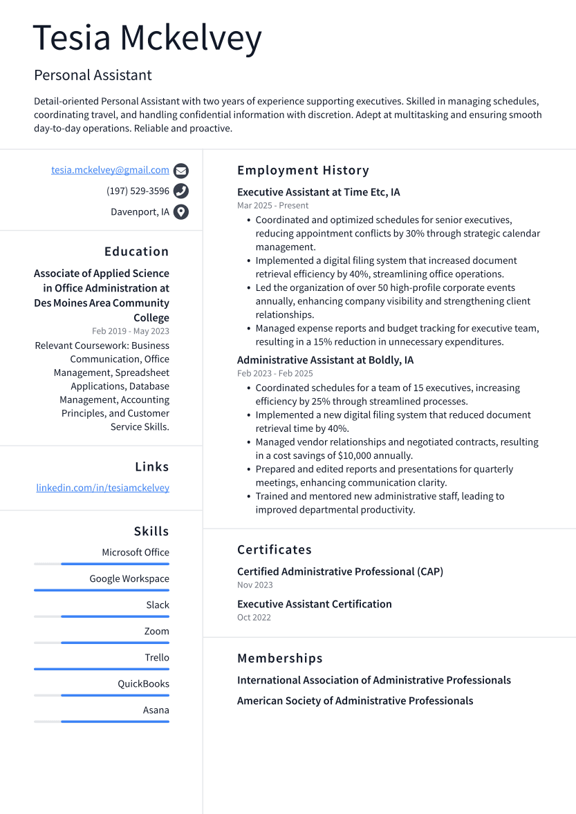 Personal Assistant Resume Example
