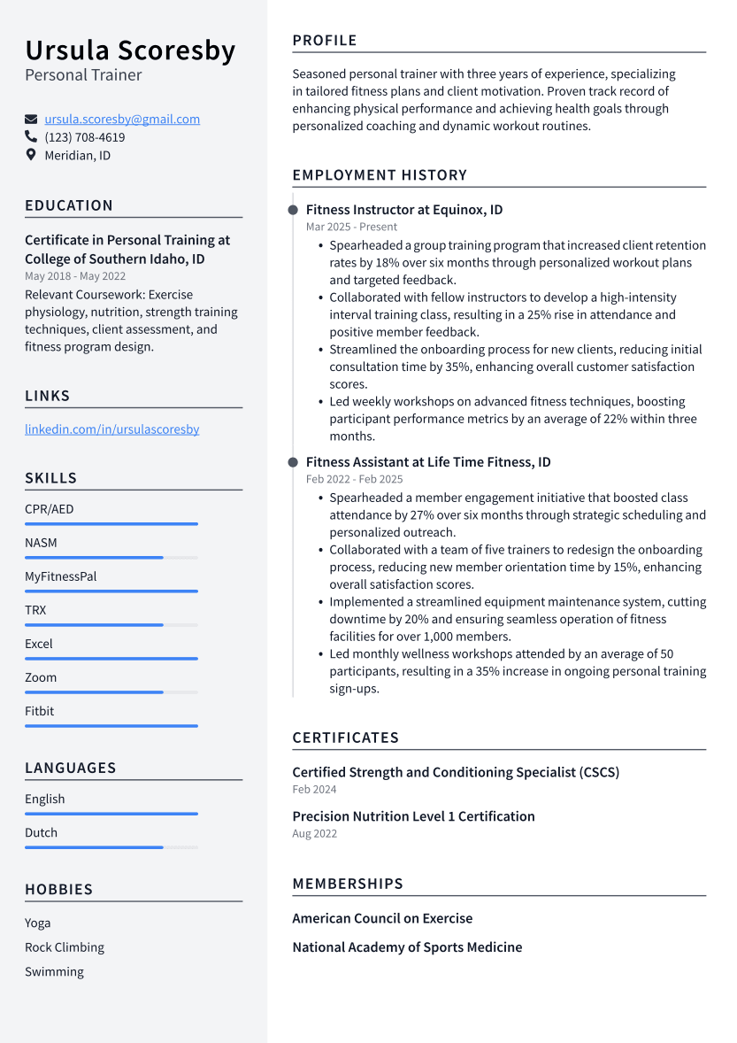 Personal Trainer Resume Example