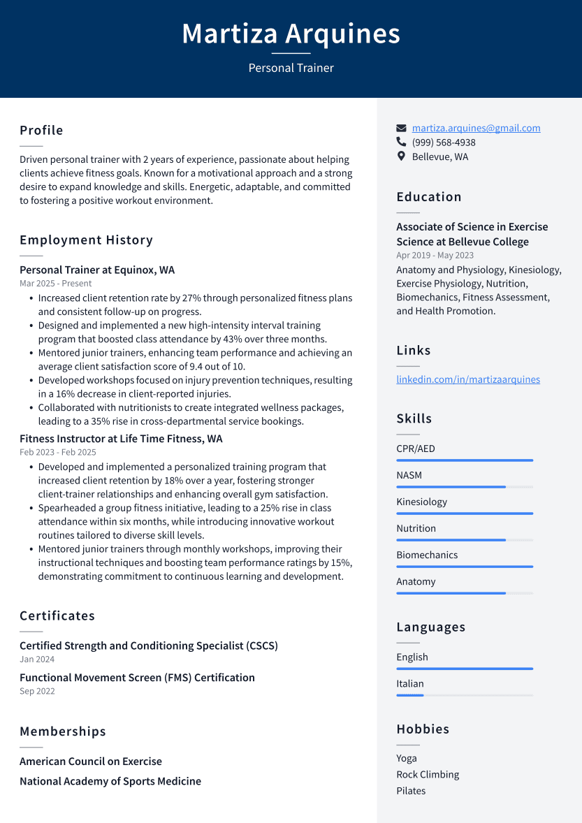 Personal Trainer Resume Example
