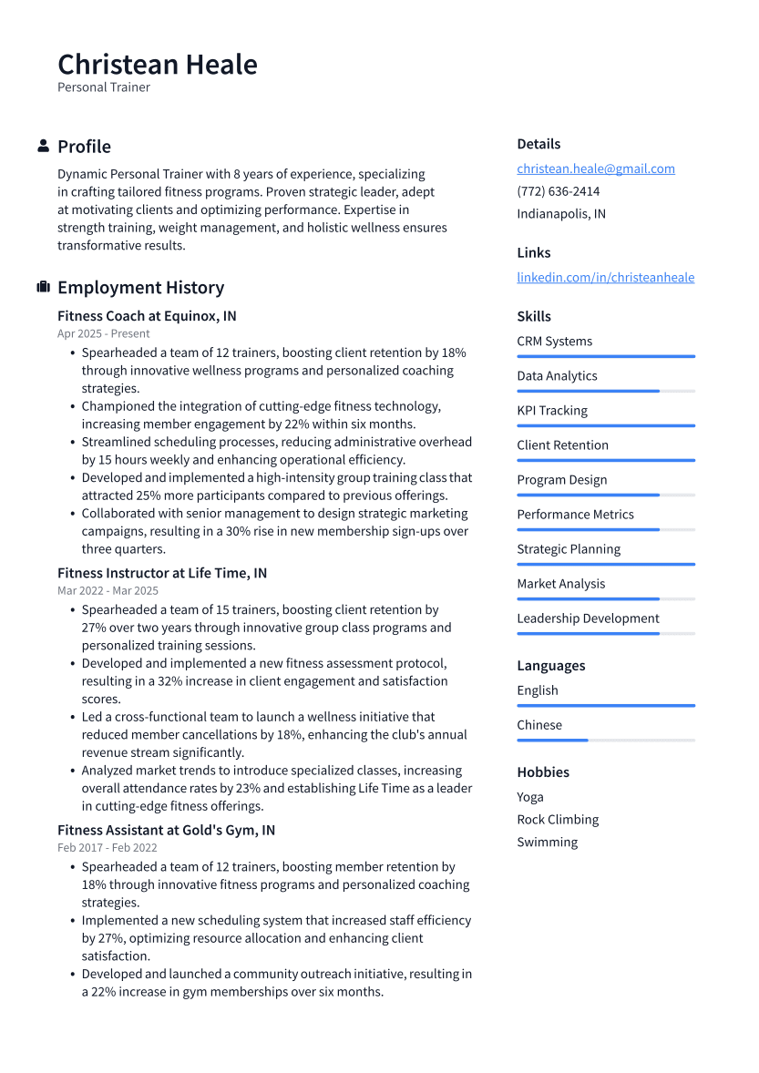 Personal Trainer Resume Example
