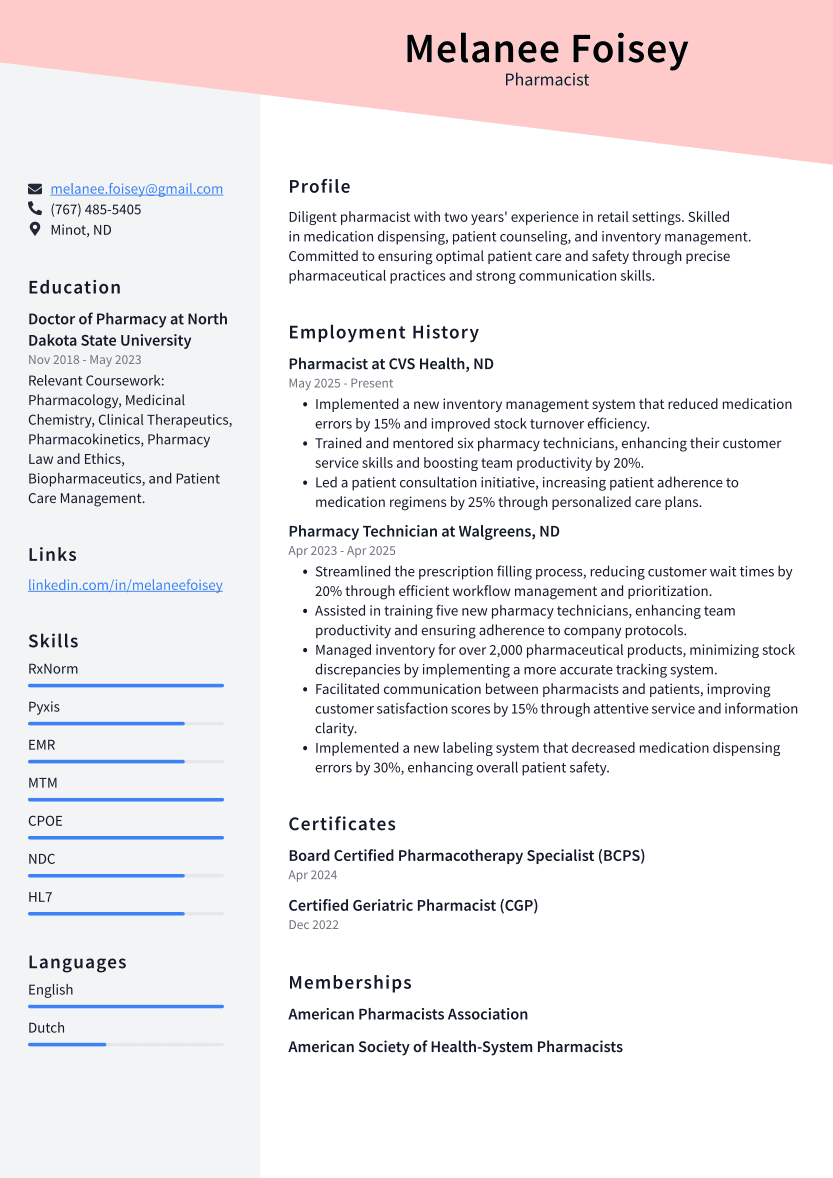 Pharmacist Resume Example