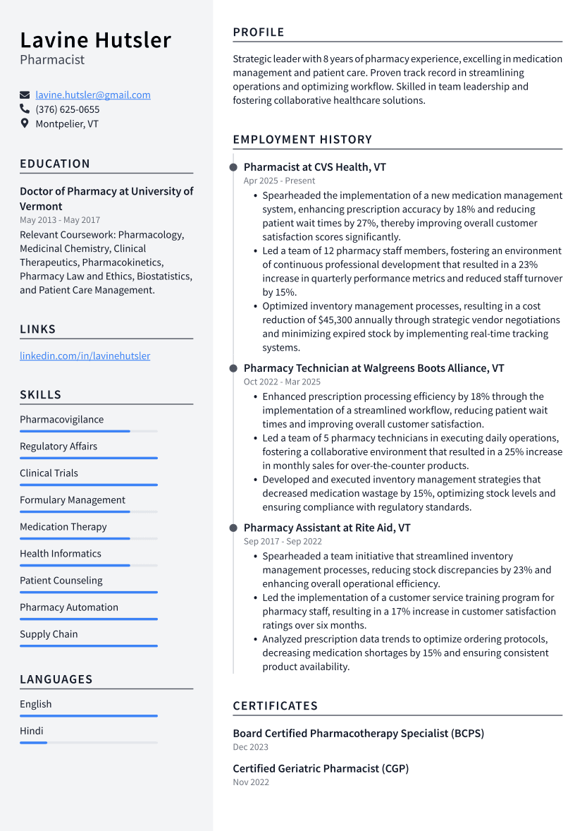 Pharmacist Resume Example