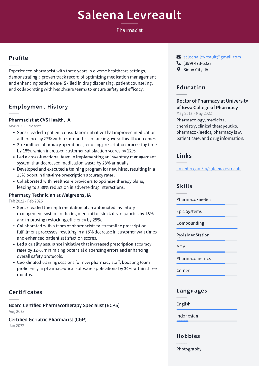 Pharmacist Resume Example