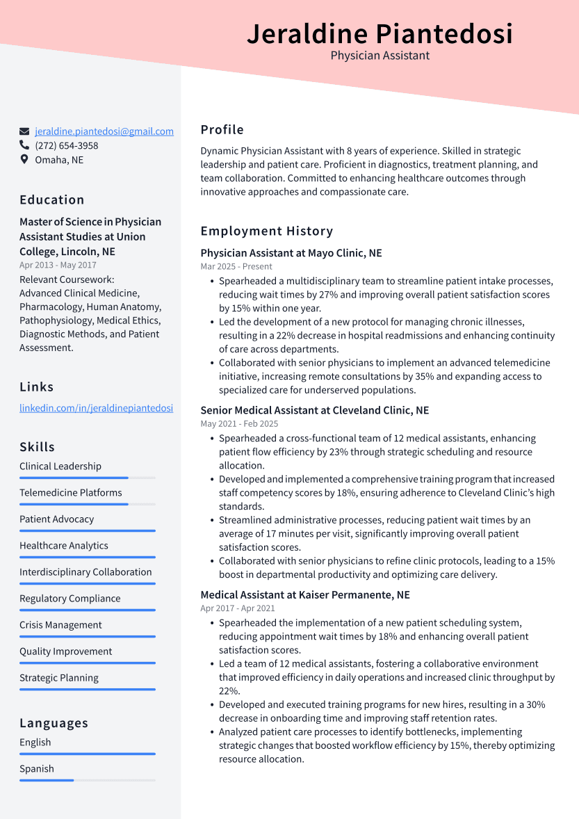 Physician Assistant Resume Example