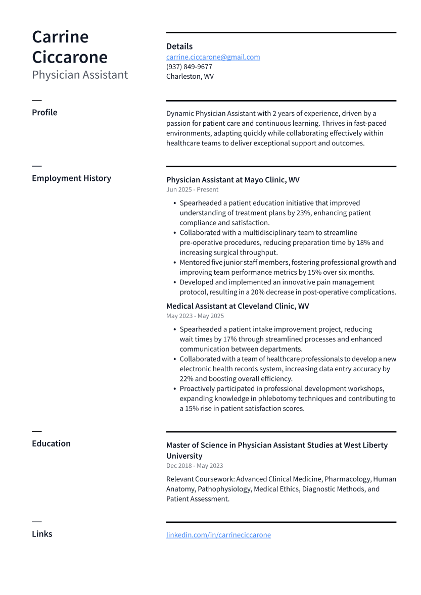 Physician Assistant Resume Example