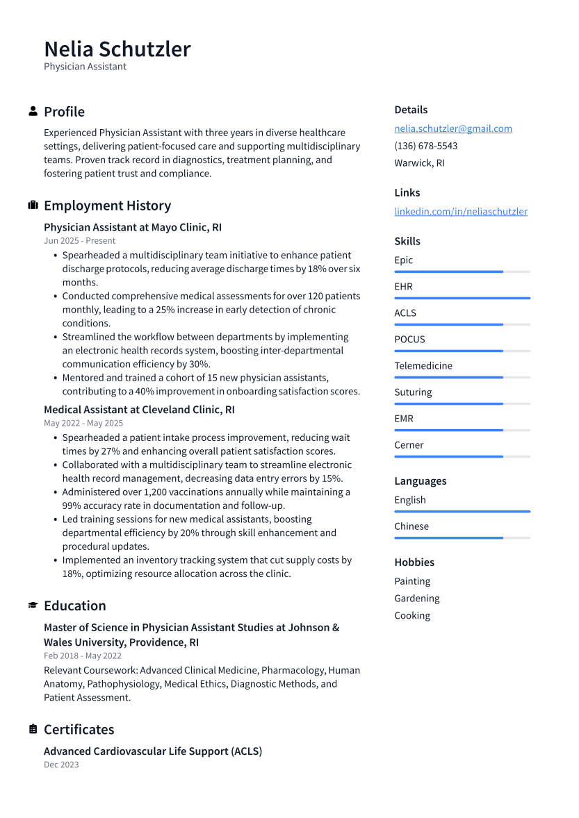 Physician Assistant Resume Example