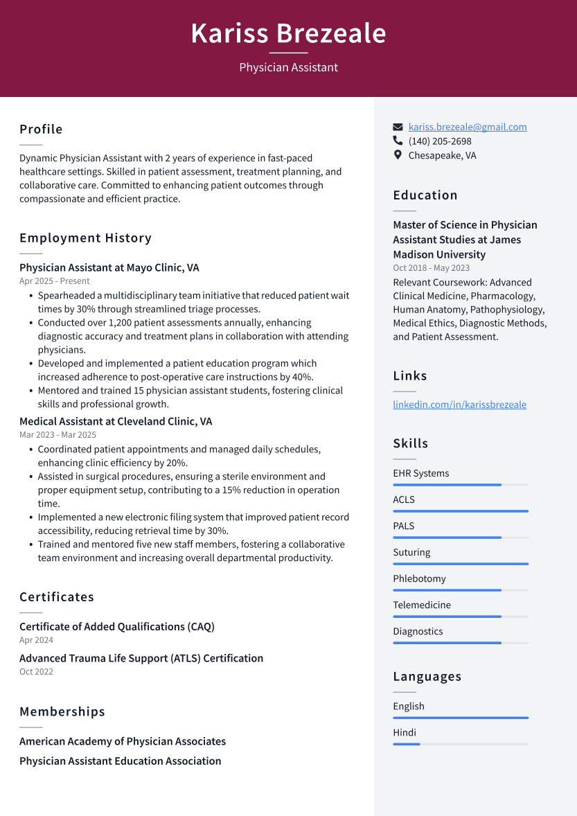 Physician Assistant Resume Example