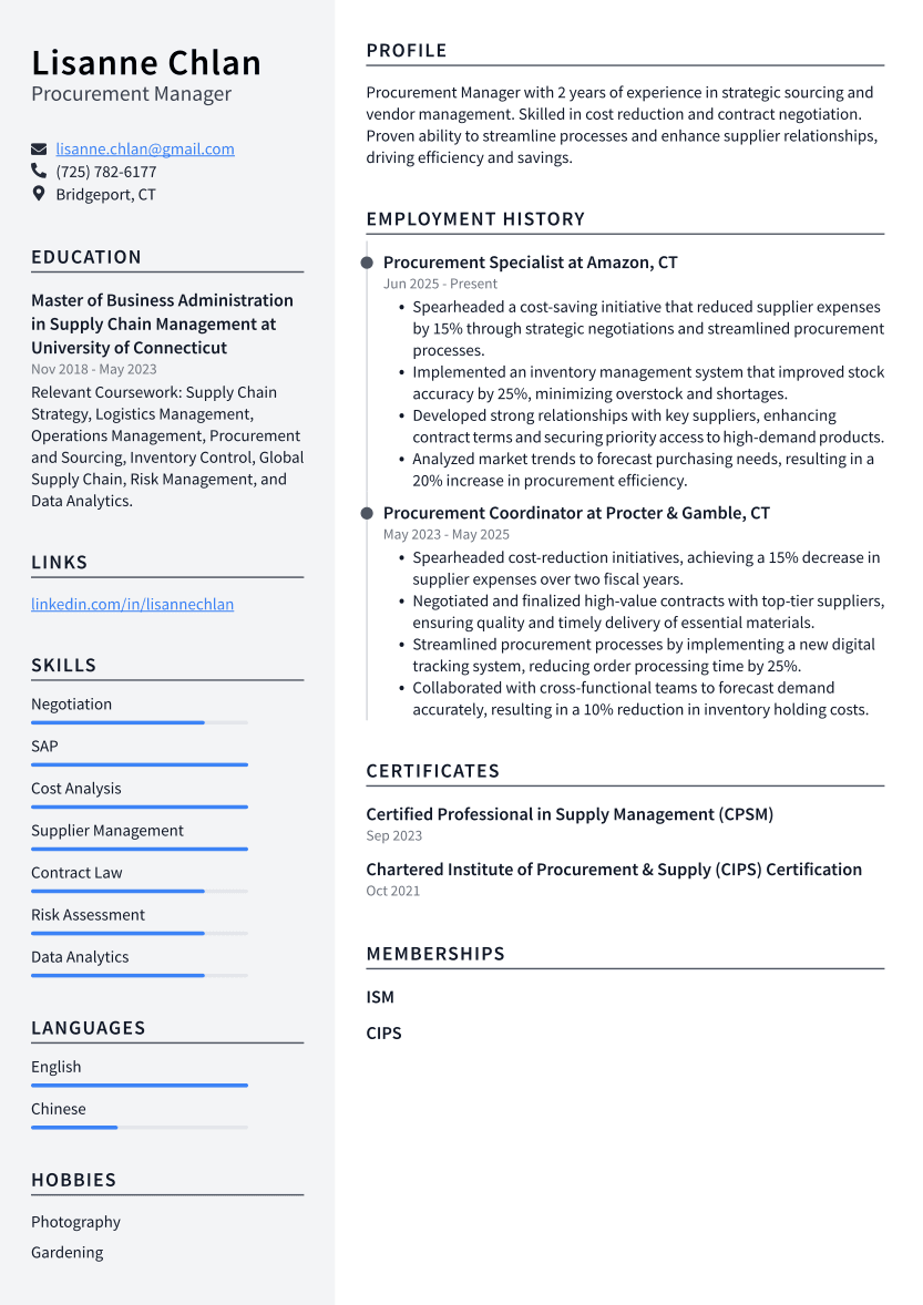 Procurement Manager Resume Example