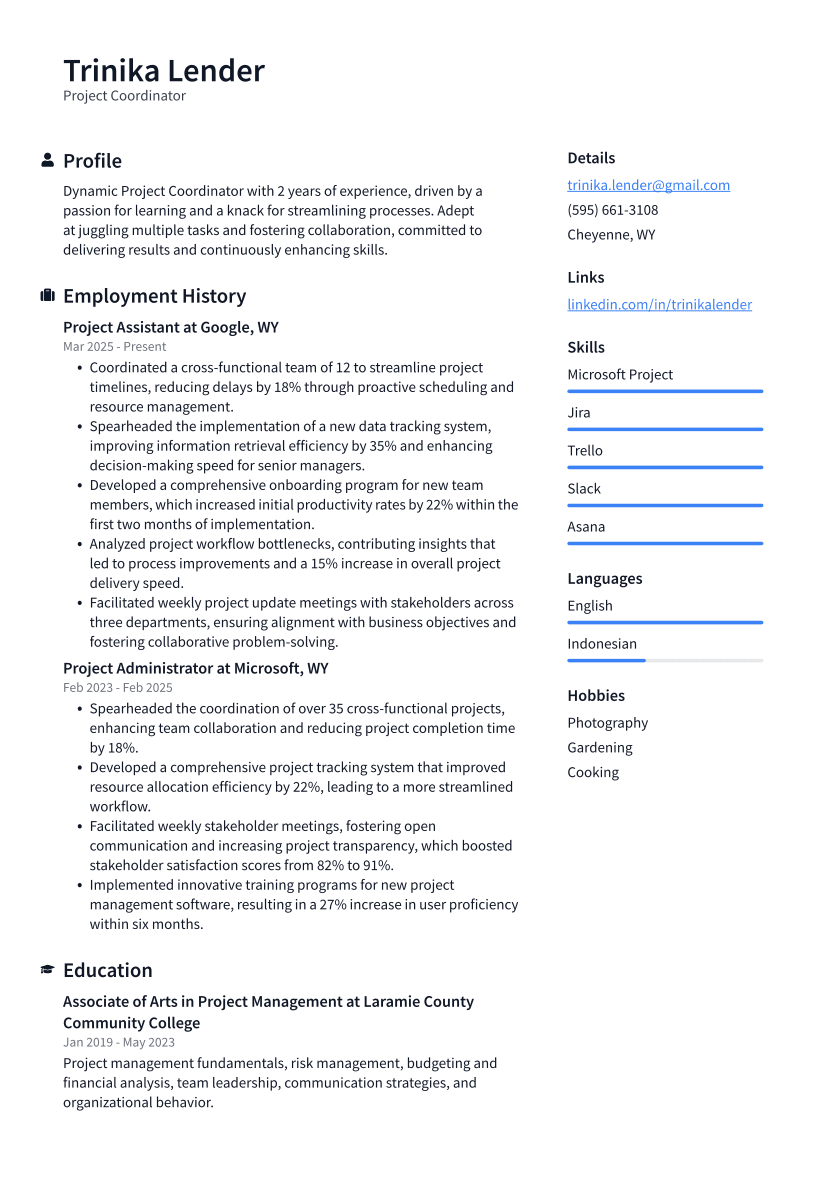 Project Coordinator Resume Example