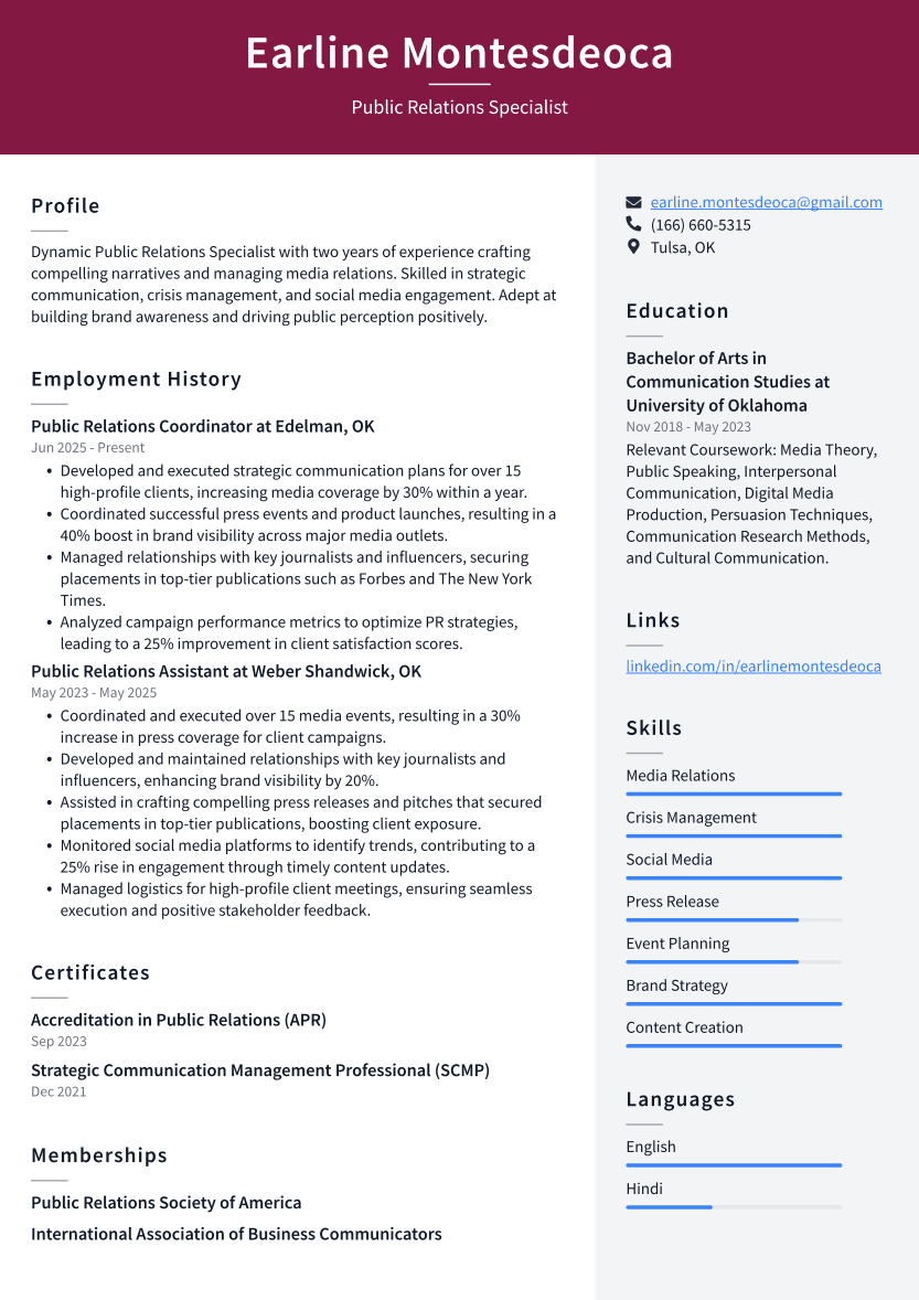 Public Relations Specialist Resume Example