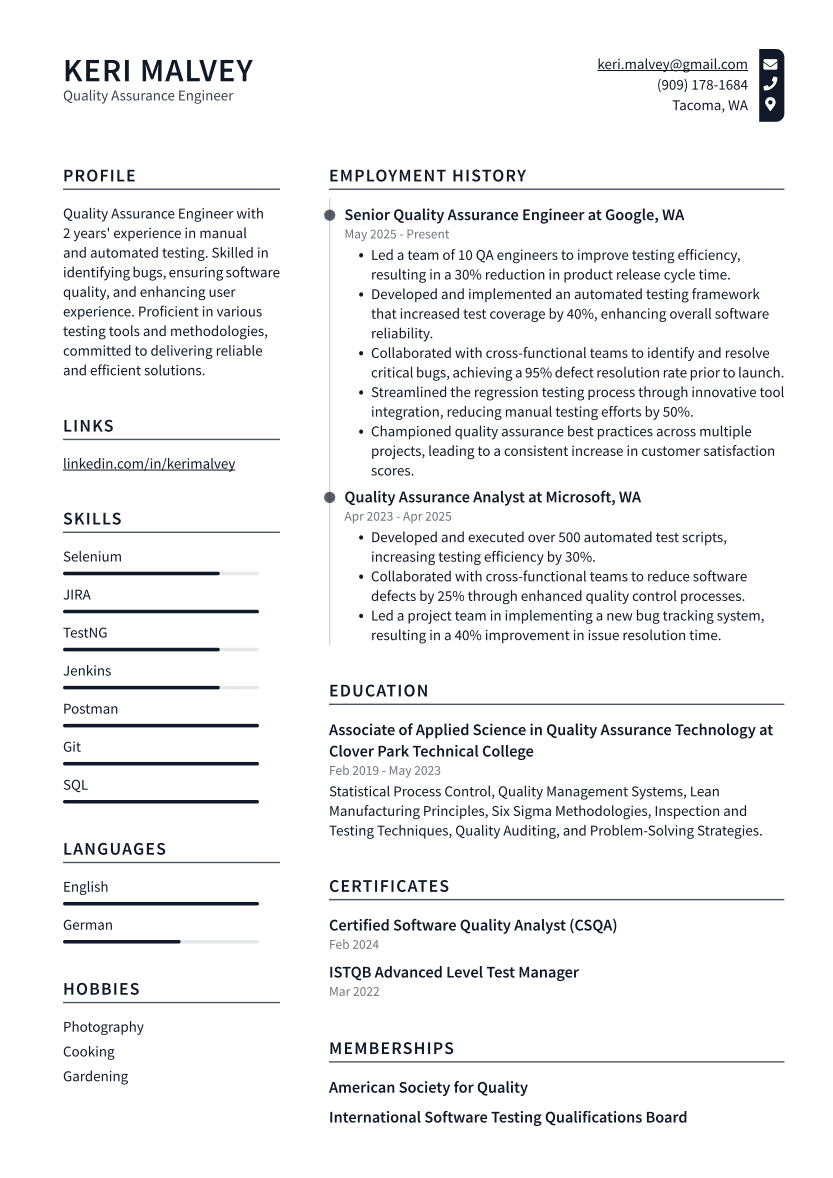 Quality Assurance Engineer Resume Example