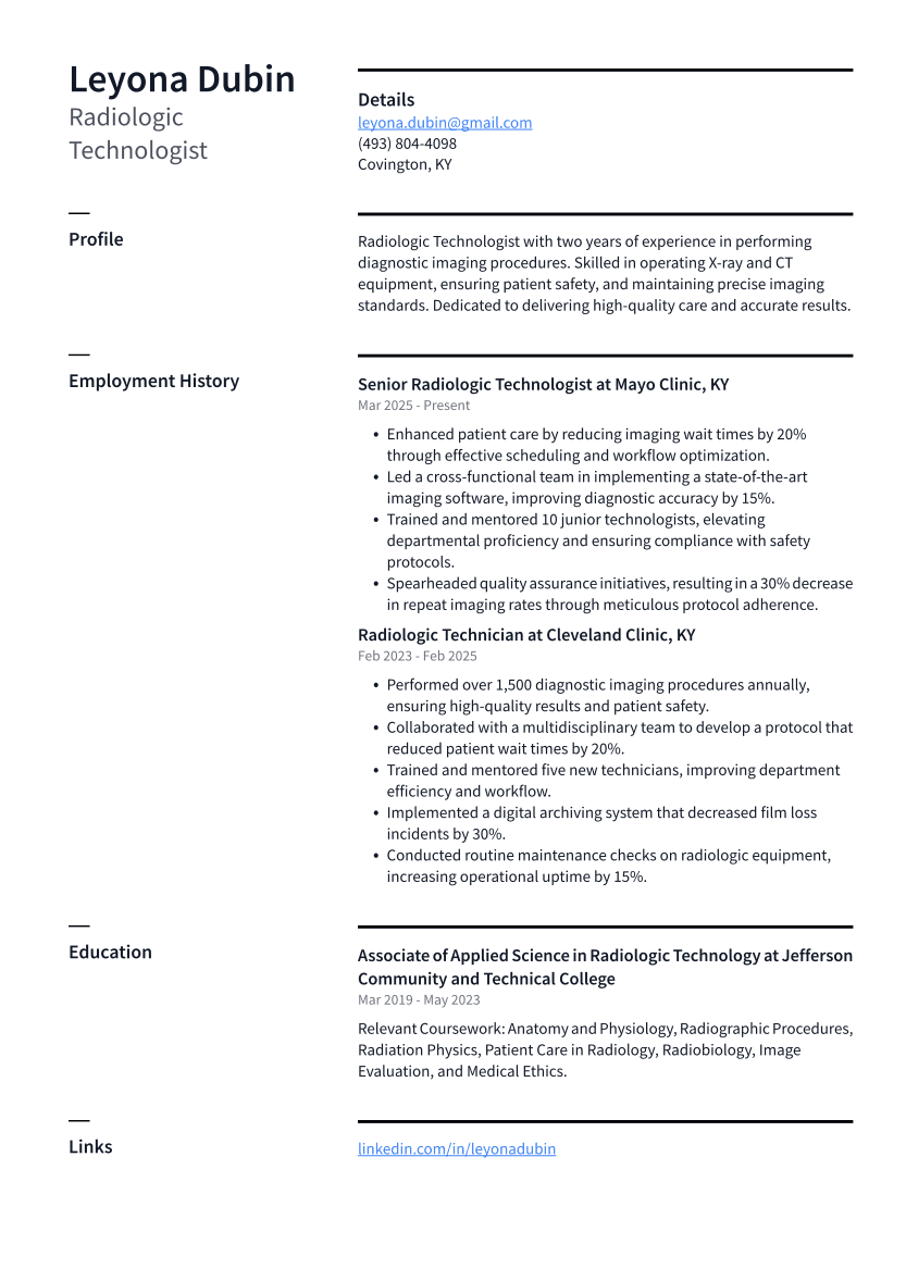Radiologic Technologist Resume Example