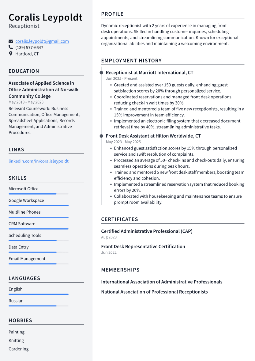 Receptionist Resume Example