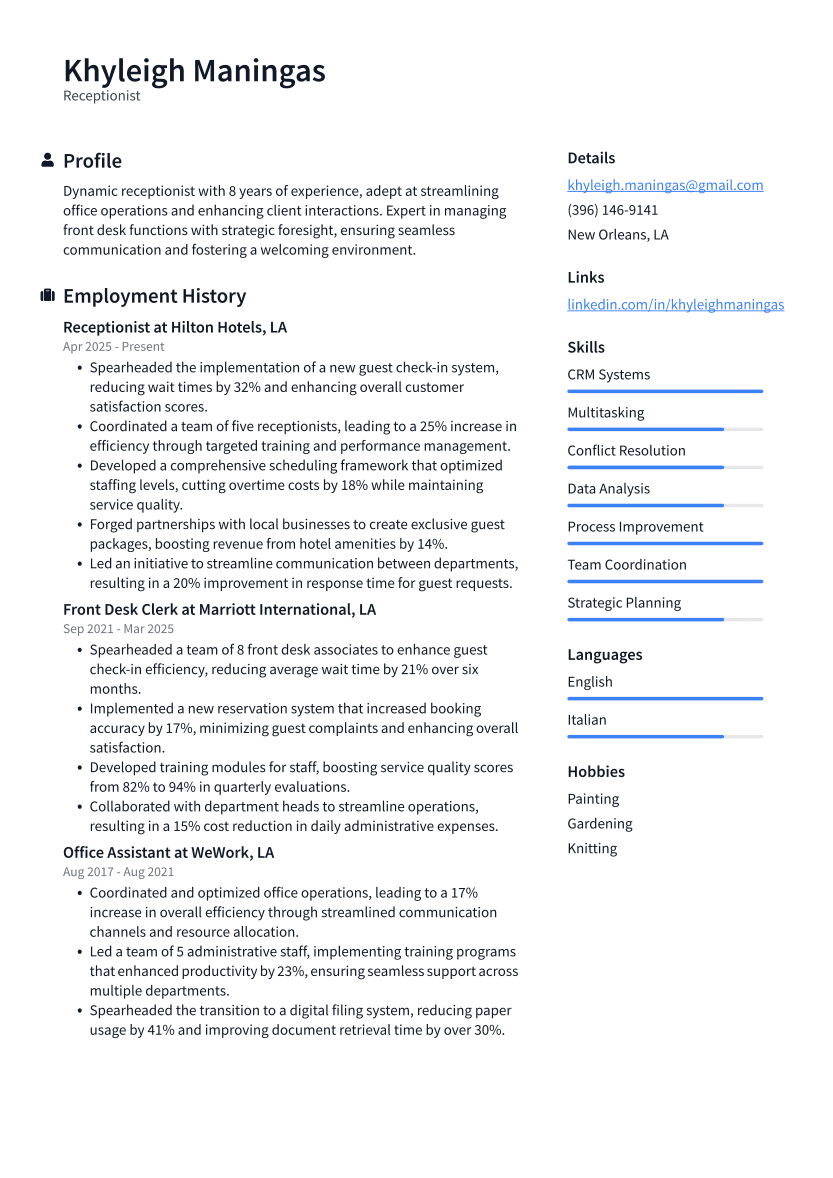 Receptionist Resume Example