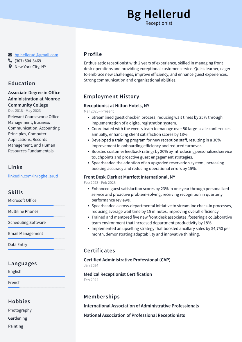 Receptionist Resume Example