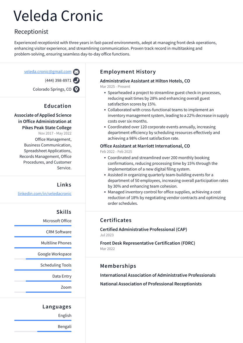 Receptionist Resume Example