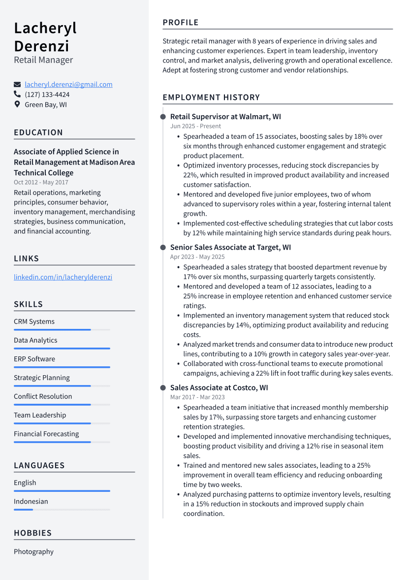 Retail Manager Resume Example