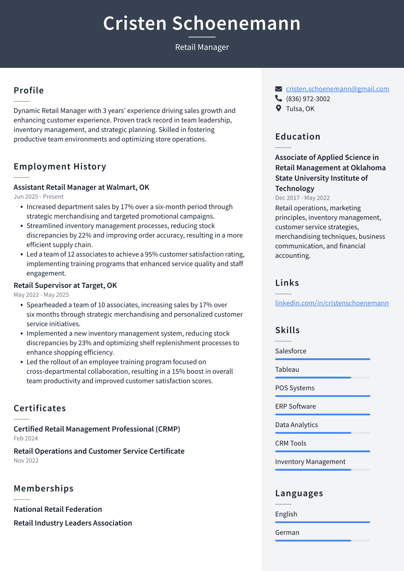 Retail Manager Resume Example