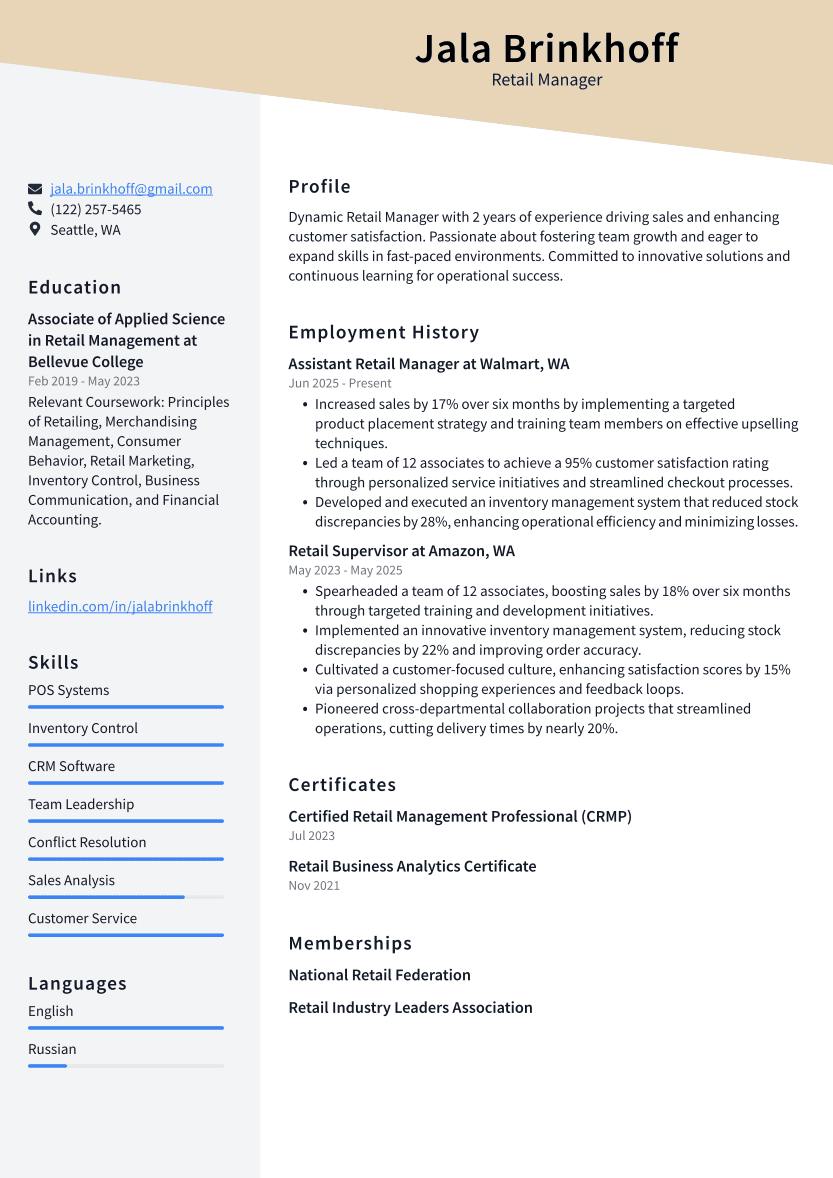 Retail Manager Resume Example