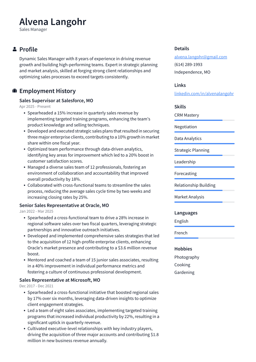 Sales Manager Resume Example